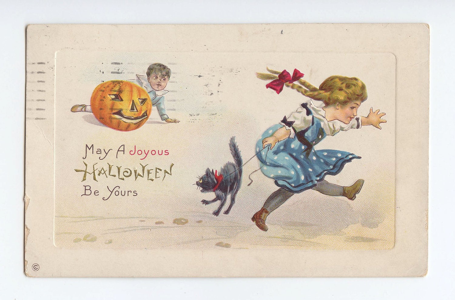 halloween, postcard ephemera, children, girl, boy, cat