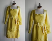 1960's Women's Sunshine Yellow Satin Dress with Bow Belt Large Plus Size