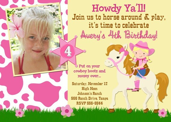 Cowgirl on Horse Photo Birthday Party Invitation - Printable Il_570xn