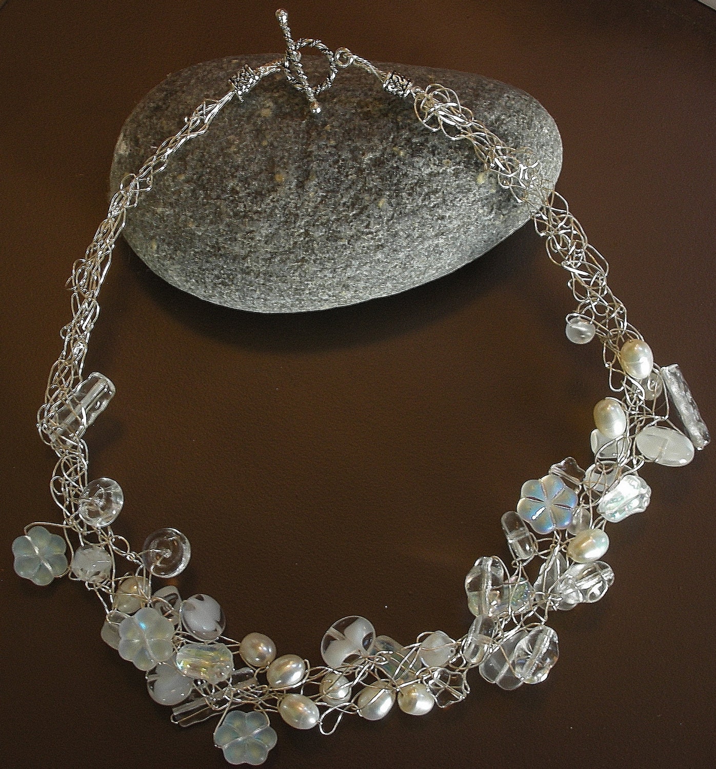 White Cap-Wire Beaded Necklace with Czech Glass Beads and White Fresh Water Pearls