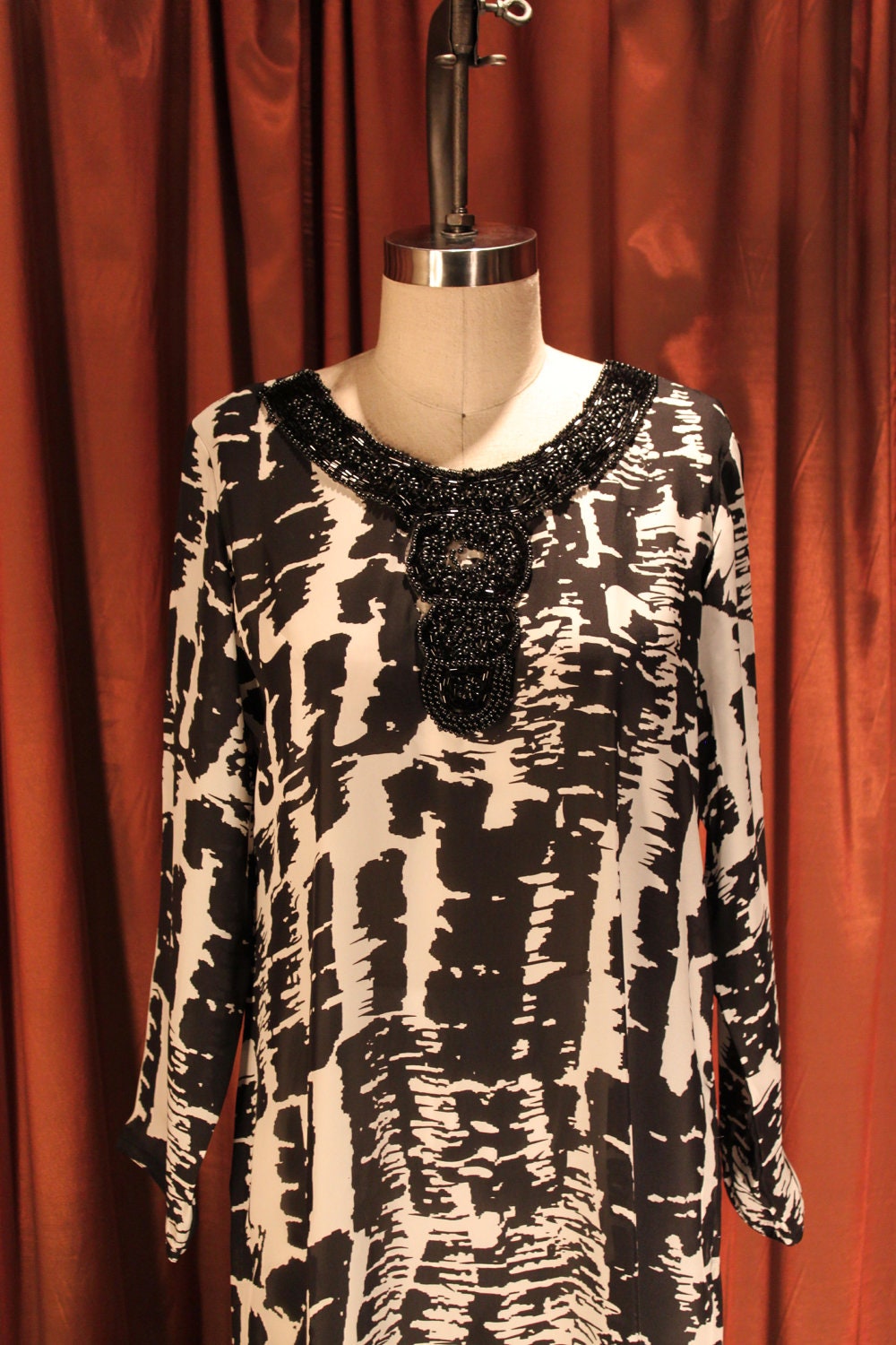 Silk black and white Kurta Kurti Tunic dress shirt with beaded neckline Pakistani Indian