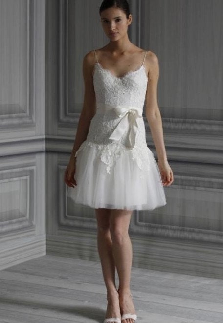 short sheath spaghetti straps lace and tulle wedding gown with sash beach style