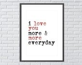 I love you art. Wedding, anniversary, engagement, Valentines, Christmas, Birthday gift idea. Modern art prints. Romantic typography art gift