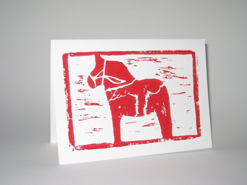 Set of 3 Linocut Swedish Dala Horse cards, Block print