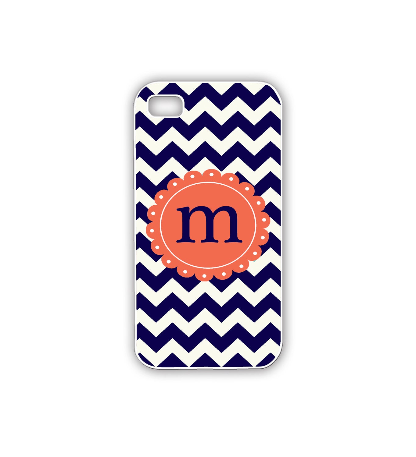 iPhone Case in Navy Chevron Navy and Coral Monogram Modern Rubber iPhone Cover