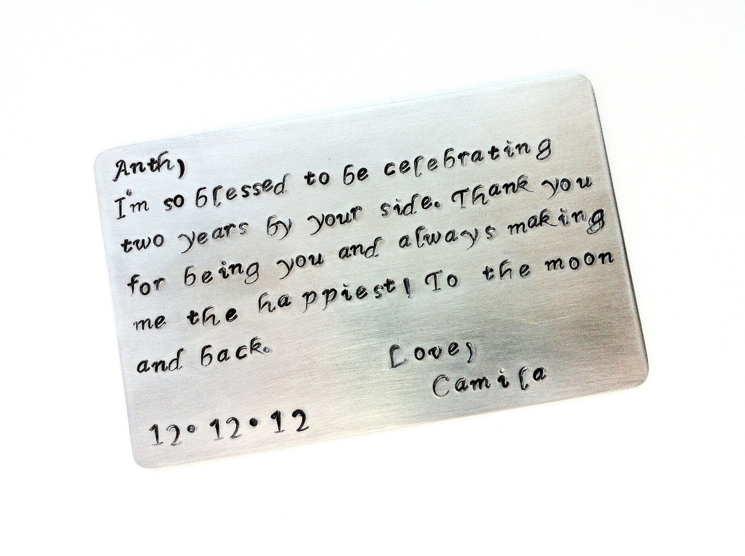 Wallet Insert Keepsake 2nd Year Anniversary Aluminum You Create Your Own Message Standard Credit Card Size