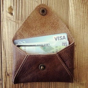 Men's Mini brown wallet, leather wallet for men with snap closure, envelope wallet, gift for him, leather wallet, minimalist pouch