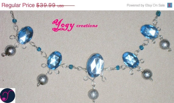 SALE 10% Off Light blue crystal glass silver bead victorian chain necklace jewelry gift by Yogy's