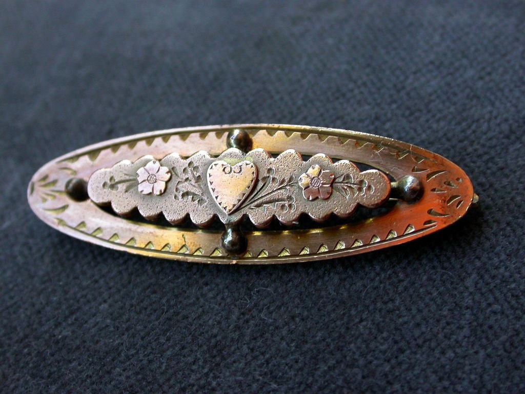 French antique 1900s art nouveau pink gold Filled brooch heart flower brooch