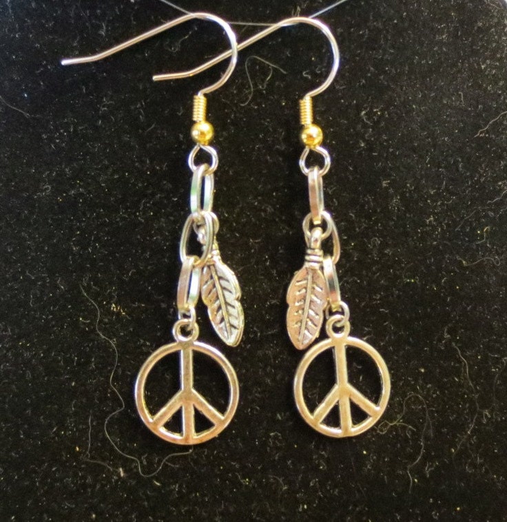 Peace Sign with Feather Earrings. Made With Recycled Chain. Spiritual Earrings. Upcycled Chain.  Repurposed Materials. Unique Gifts For Her.
