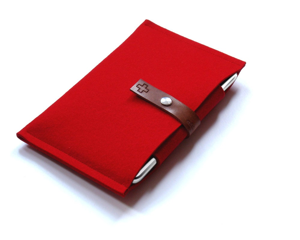 iPad MINI sleeve iPad mini case pure red wool felt leather strap, very protectiv, wrapped, water repellent