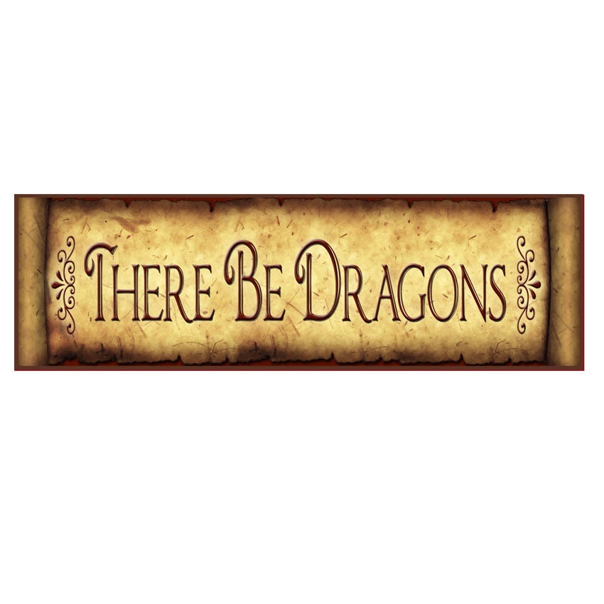 Wood Sign on wire "There Be Dragons" 8" x 2 1/2"  Made in USA