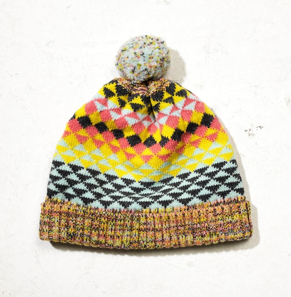 Unisex geometric hand knit bobble hat colourway 2