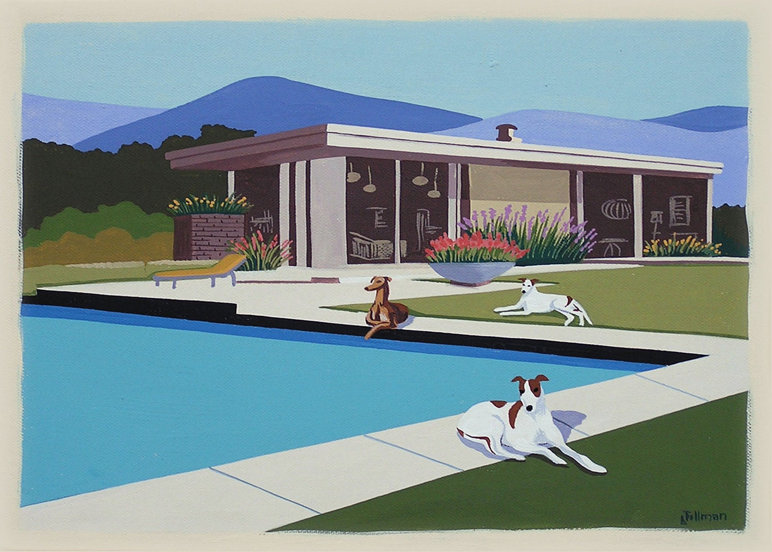 Mid Century Modern Eames Retro Limited Edition Print from Original Painting Architecture Pool Greyhounds