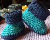 Baby Boy or Girl Blue Crocheted Cuffed Shoes Booties - 3 to 6 months - Infant Size 1 - Handmade - Baby Shower Gift - READY to SHIP