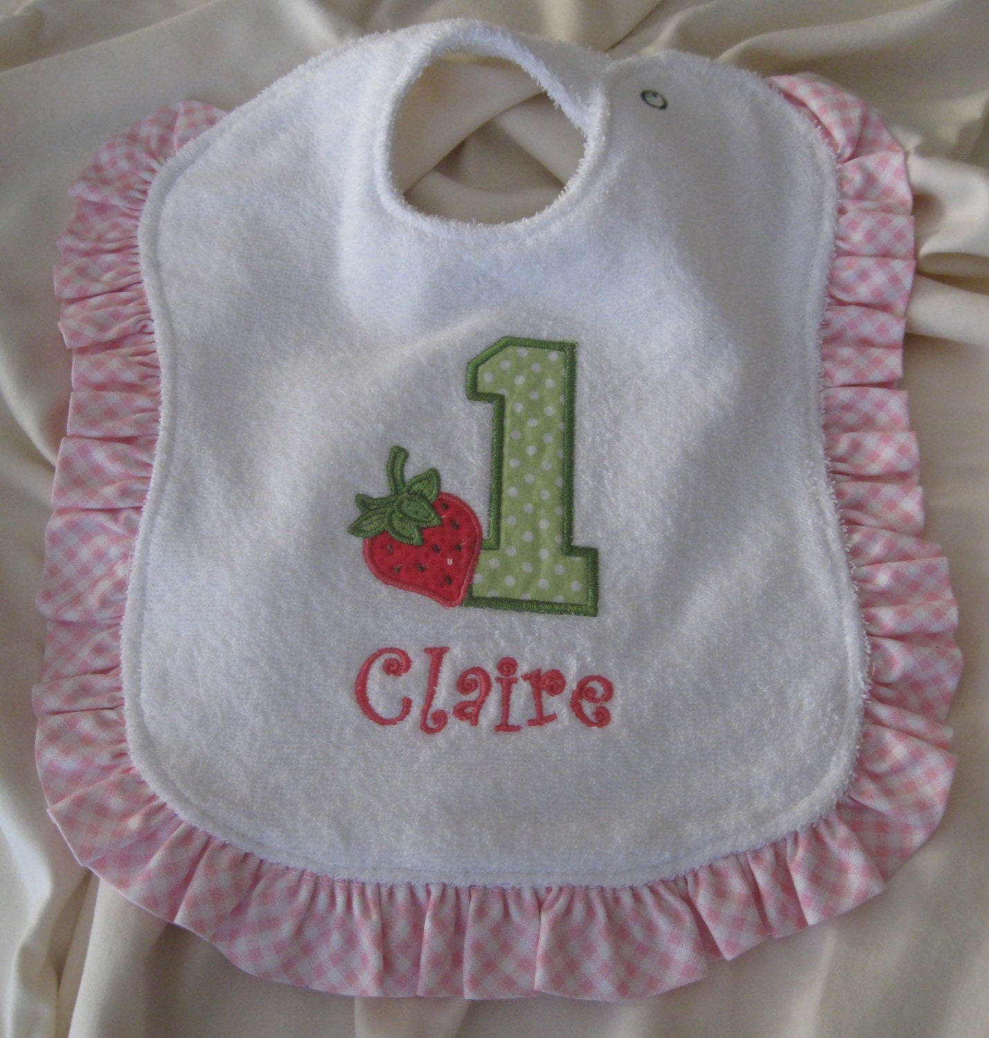 Berry Sweet White Oversized BIB Terry Cloth with Strawberry Applique and Pink Ruffles
