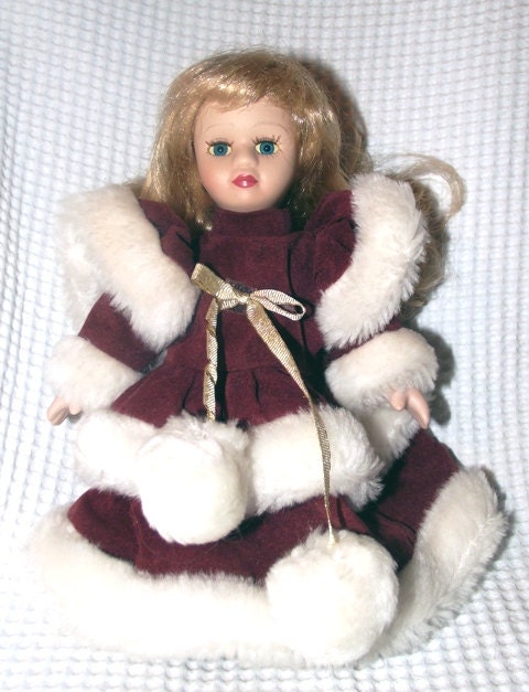 Vintage Bisque Porcelain Blonde Doll with Christmas Velvet Outfit, 7.9 inch's tall