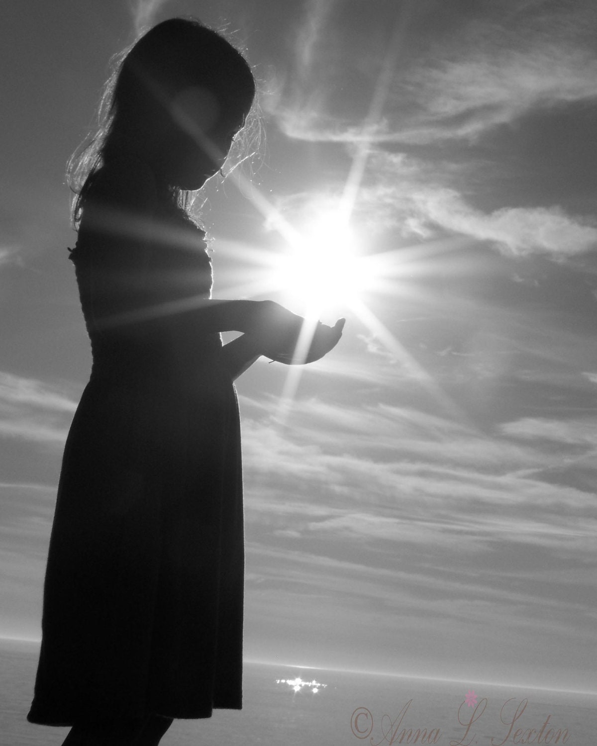 You Are My Sunshine 8x10 Signed Fine Art Photography Print- black white girl with sunlight in her hands photograph- home decor - ForBetterorWorseFoto