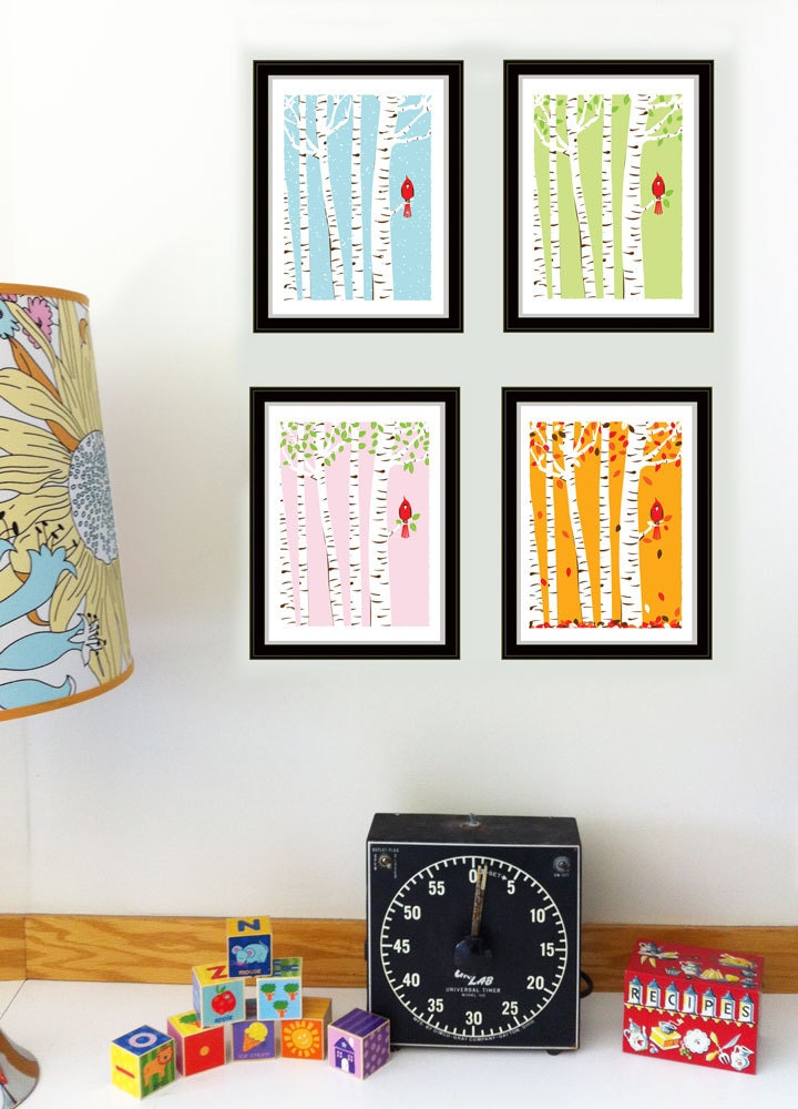 Mini Art Print Set - Cardinal Seasons Prints - 8.5x11 Size - All 4 Seasons Cardinal Offset Digital Art Prints