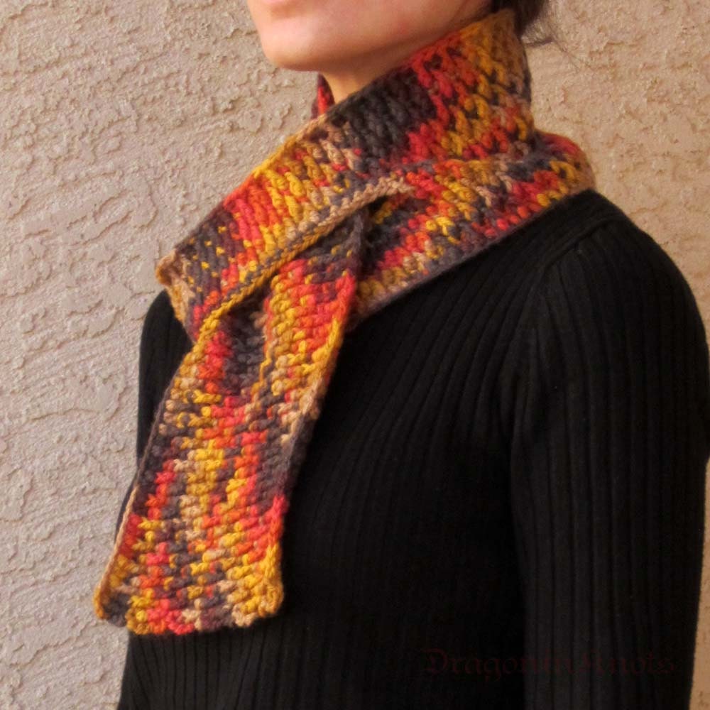 Fugly Keyhole Scarf - textured wool scarflette - orange, mustard, brown, tan
