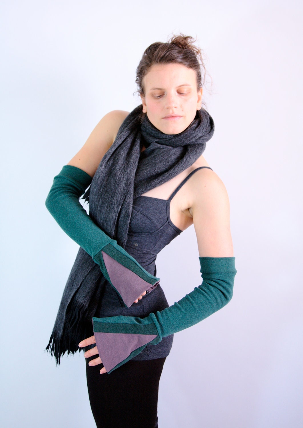 Long emerald and purple arm warmers