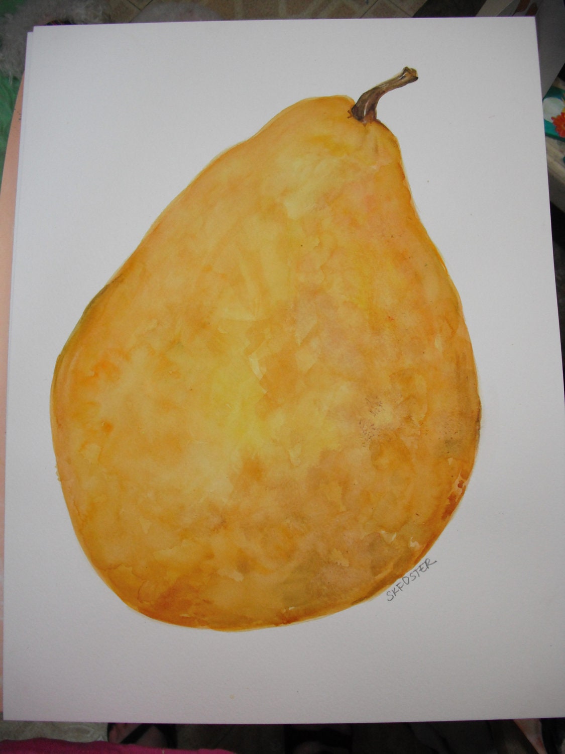 Watercolor  Big Yellow Pear Still Life original painting