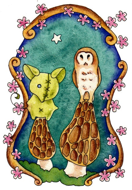 Mouse Barn Owl ORIGINAL art ACEO Painting Morel Mushrooms