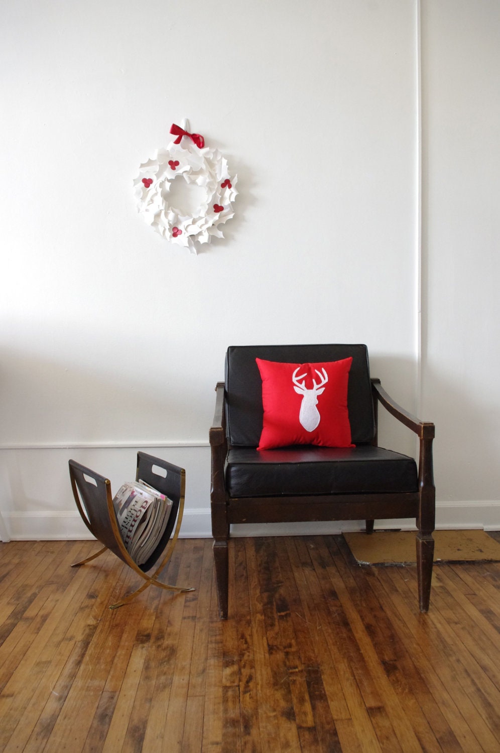 Holiday Home Decor - Red with White Reindeer Silhouette Decorative Pillow