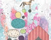 Circus Painting , Acrylic Horse Animal Painting , Collage Mixed Media Art Print , Whimsical Painting Reproduction , 8x10