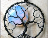 Rainbow Moonstone Full Moon Tree of Life Pendant Black Wire Wrapped Opalite (Luna Lunar Night Sky Mystical) Holiday Gift Idea for Her