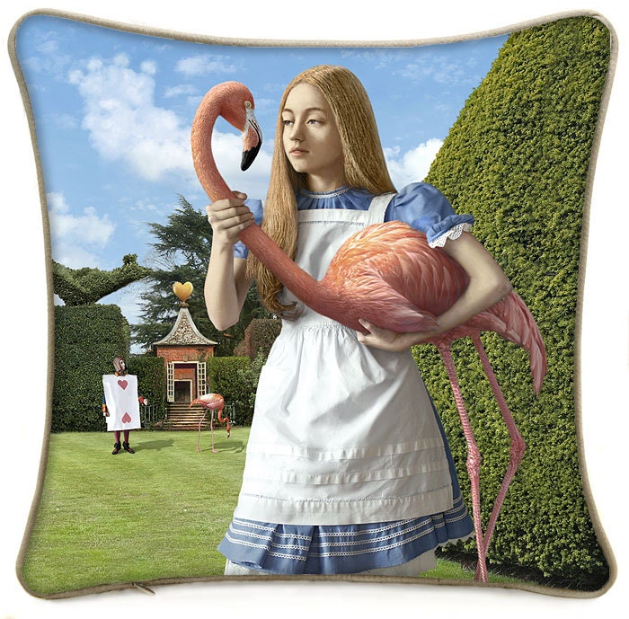 Cushion pillow with gilded cotton and digital print on cotton. Alice and the Flamingo by Baba Studio.