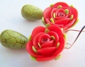 Frida's Flowers Earrings, Red Clay Roses with Green Drops, Floral Dangle Earrings - Rosie