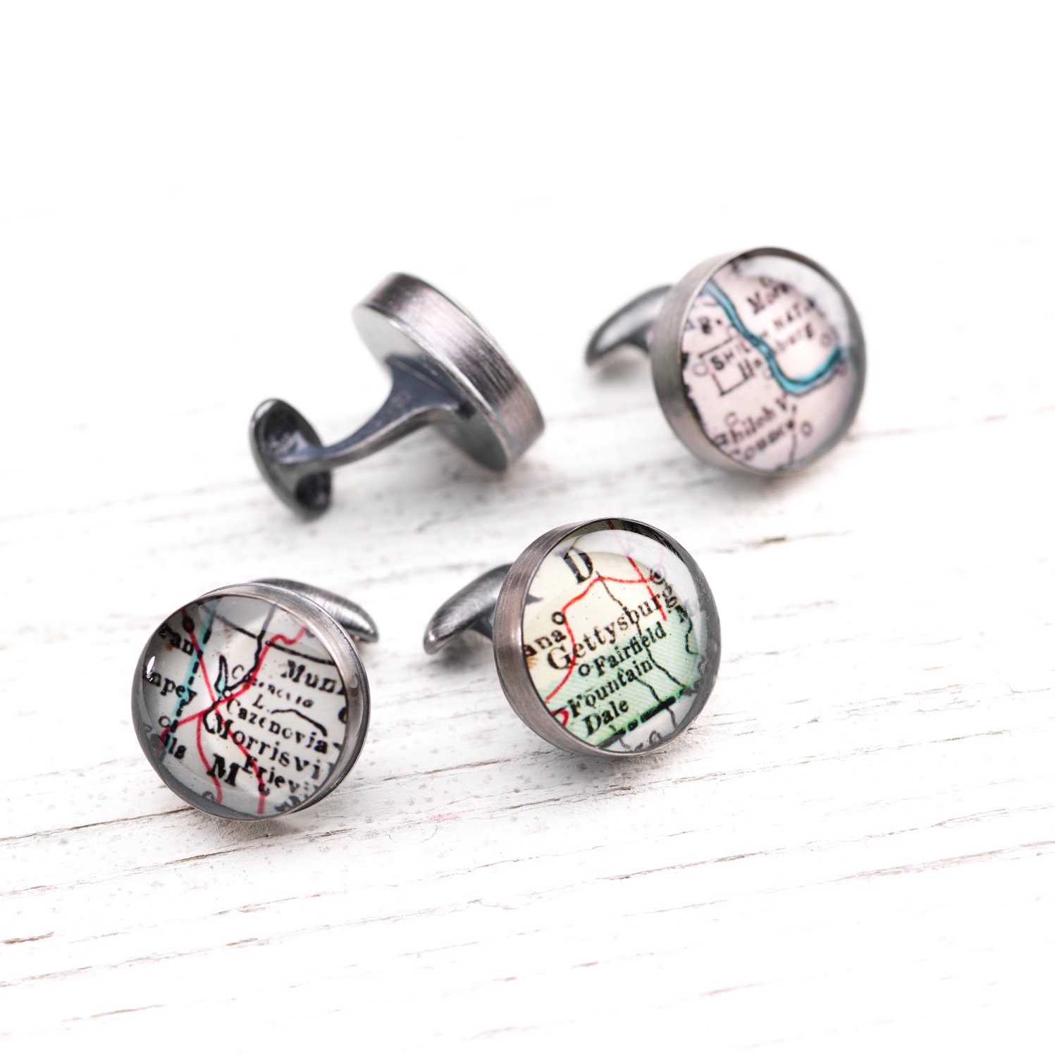 Inscribed CUSTOM Cufflinks - Antique Map Recycled Sterling Silver Handmade Cufflinks