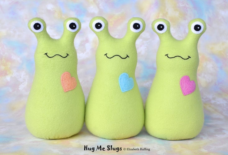 Handmade Slug, Stuffed Animal Plush Art Toy, Hug Me Slug, Personalized Tag, Pear Green Fleece, You Choose Heart Color, 9 inch, Custom-made