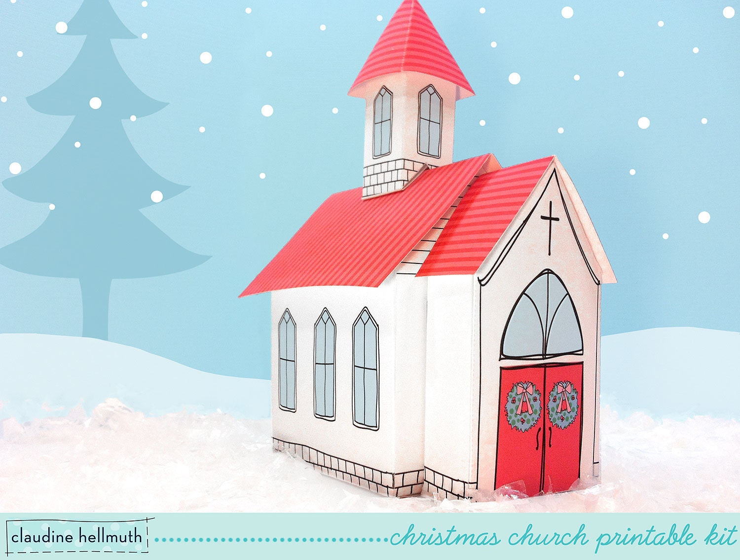 christmas church - gift box, party favor box, centerpiece decoration, paper printable PDF kit - INSTANT download