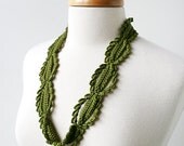 Fiber Art Jewelry - Silk Crochet Lace Necklace - Olive Green - ElenaRosenberg
