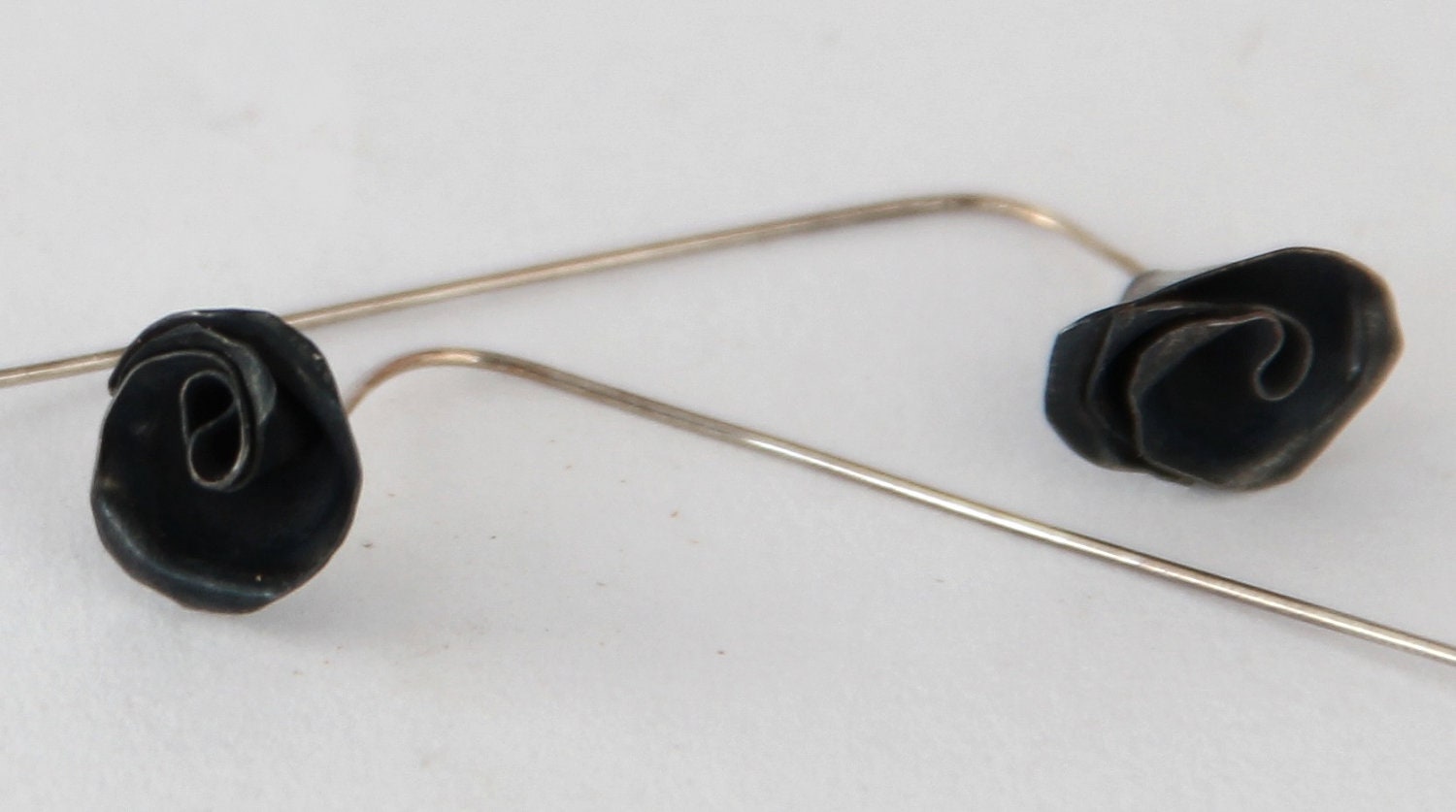 Blackened Mini Rose Copper Earrings with Long Stems