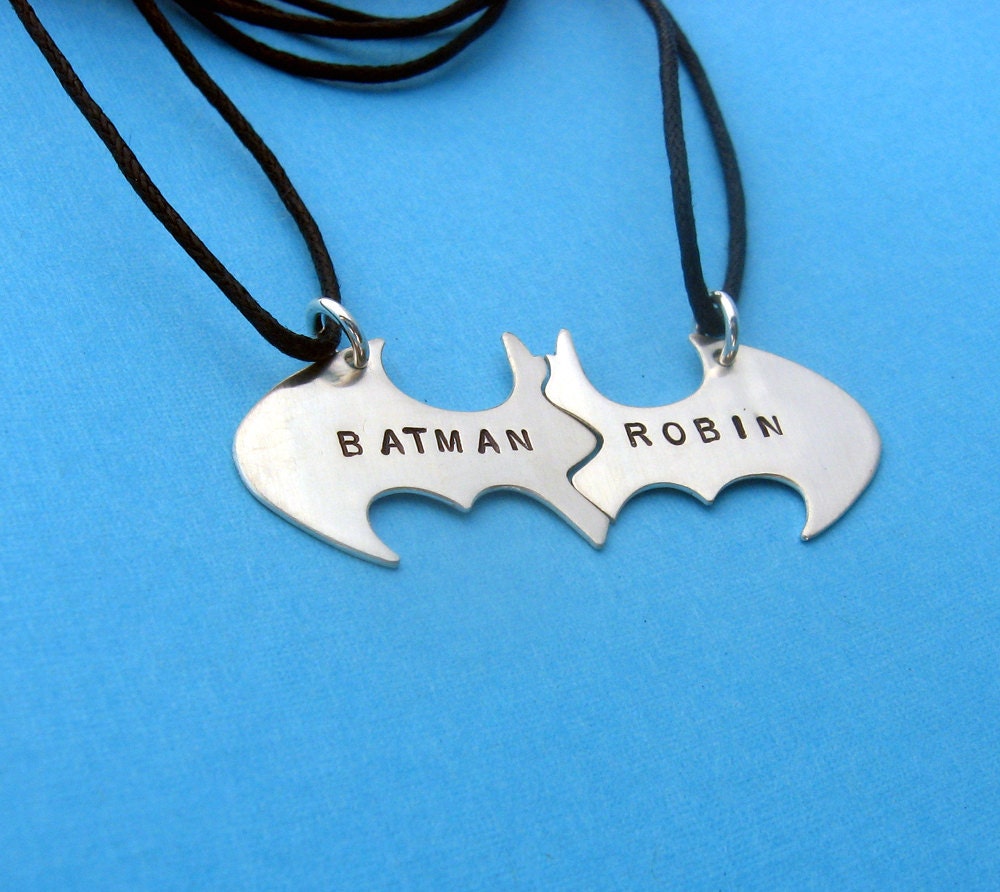 Batman Best Friend necklaces, Personalized Friendship sterling silver Black Cotton Cords