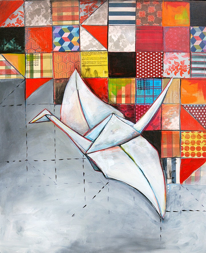 Paper Crane Painting with Quilt 11X17 print - origami, large print, paper squares, quilt, white and gray