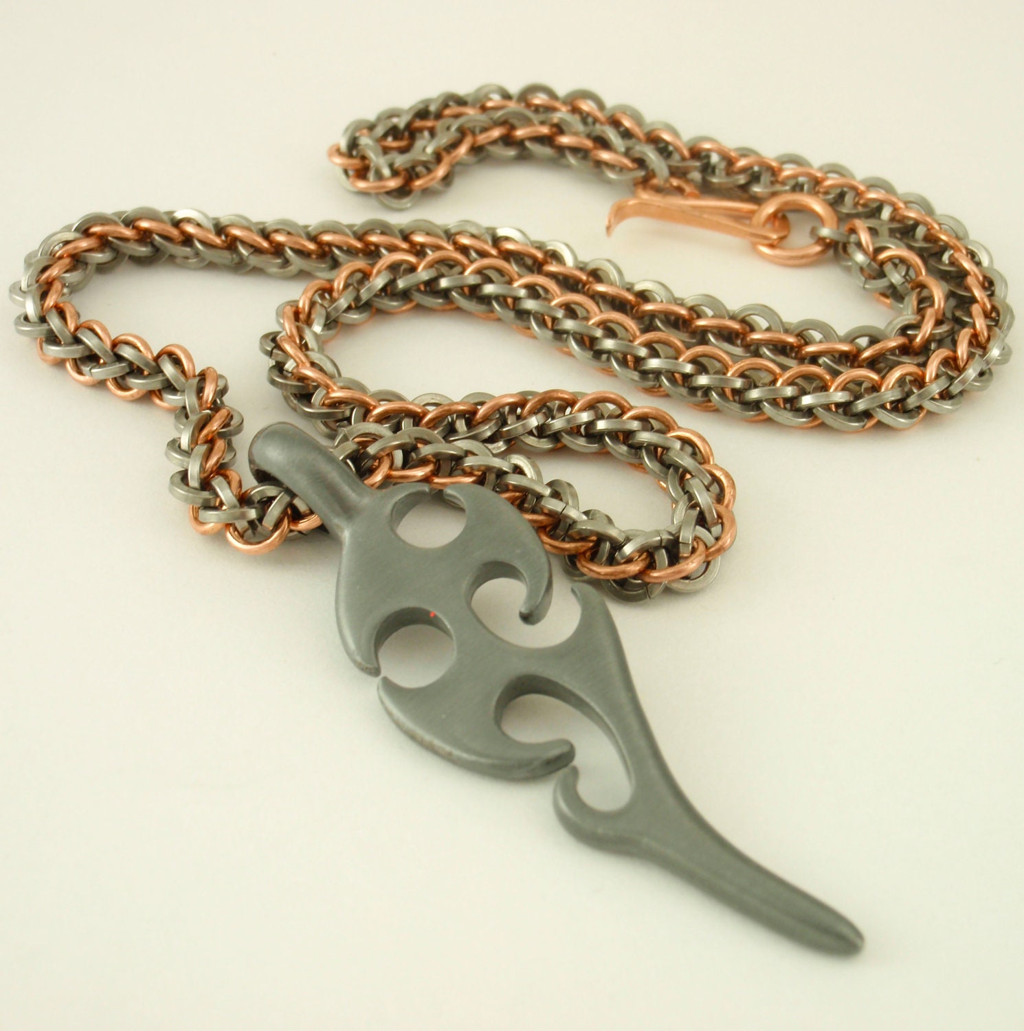 Mens Necklace -  Stainless Steel and Copper - Tribal Dagger Pendant