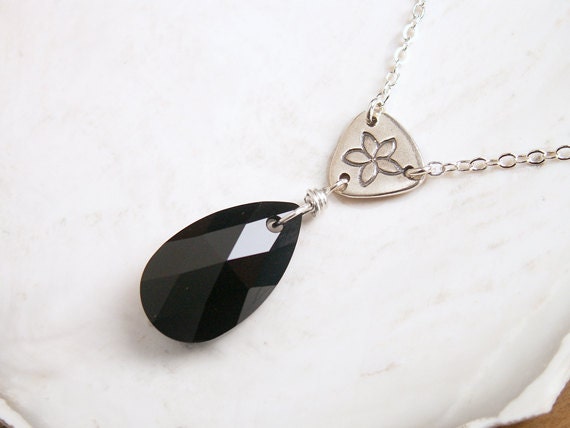 Romantic Necklace large black crystal pendant with plumeria flower link in handmade recycled .999 Fine Silver
