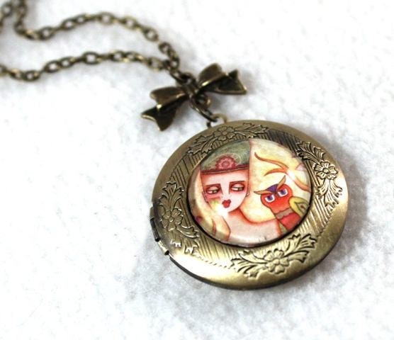 Victorian Locket, Owl and Girl Art Charm Necklace, Bronze Vintage Inspired Beaded Jewelry, Original Art Print, Orange
