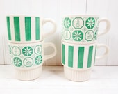 Vintage Coffee Cups Set Green Stacking Ceramic USA Stripes Retro Kitchen