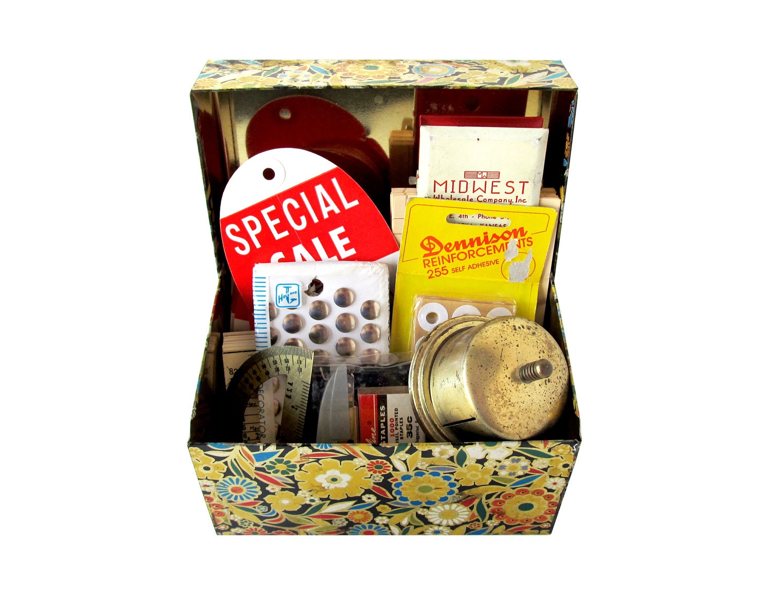 Vintage Tin J Chein RECIPE BOX With Retro Office Supplies Paper Ephemera