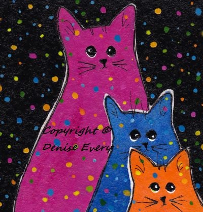 Fiesta Polka-Dot Kitties Blue Orange Magenta Pink Abstract Cat Art ACEO Original Painting ATC