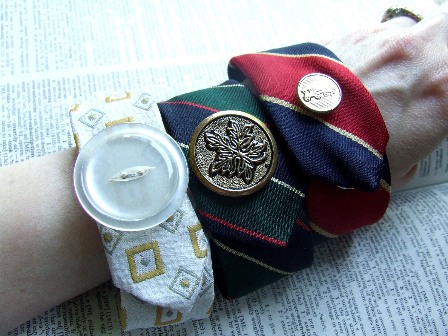 Wrist Cuff Necktie Bracelet in sunny yellow geometric pattern with large vintage button