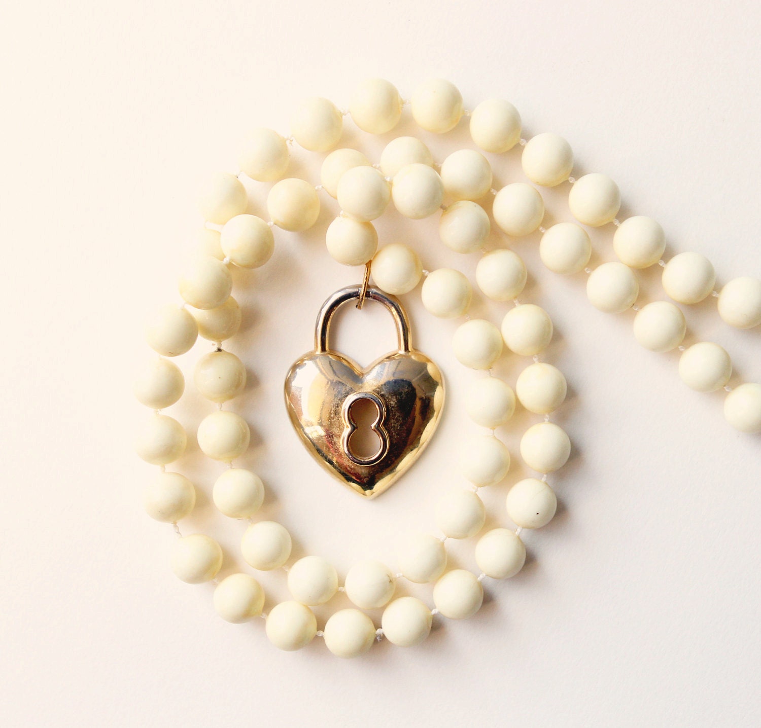 Vintage heart lock necklace, Golden keyhole, beaded