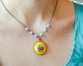 Yellow flower necklace - vintage cabachon, turquoise beaded chain