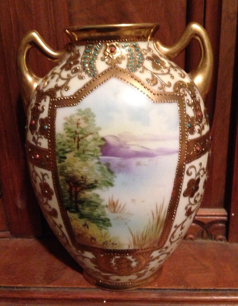 Vintage Moriage Nippon Floral Vase, Raised Gold Moriage Hand Painted, Beautiful, Signed Nippon