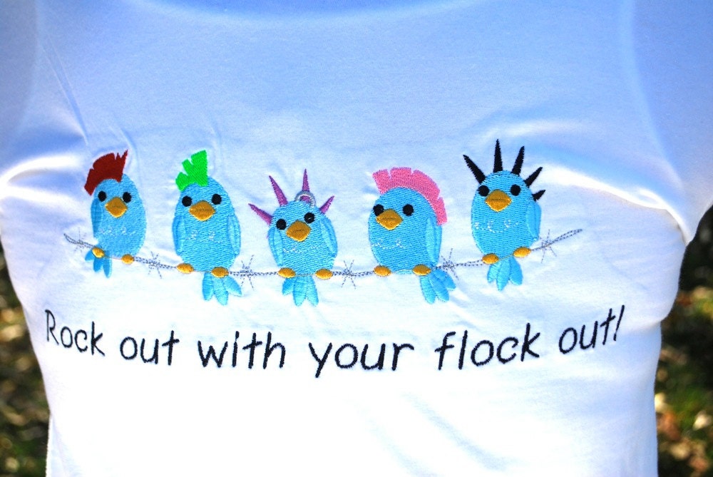 Embroidered White V-Neck Tee - Rock Out Birds